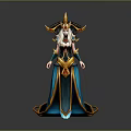 Fantasy Character In Ornate Gold And Blue Costume With Horned Headdress Long Hair
