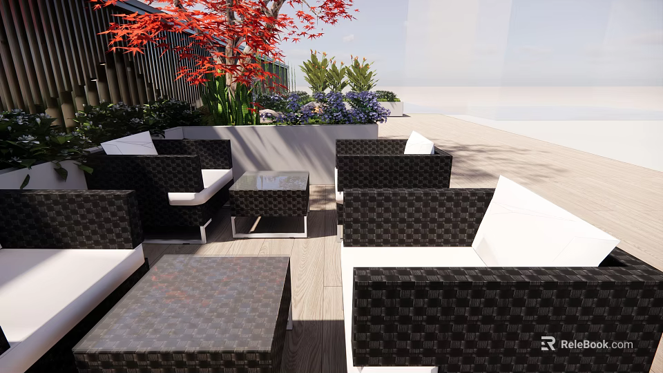 Black And White Wicker Outdoor Sofa Set With Patio Plants And Wooden Floor 3d model 