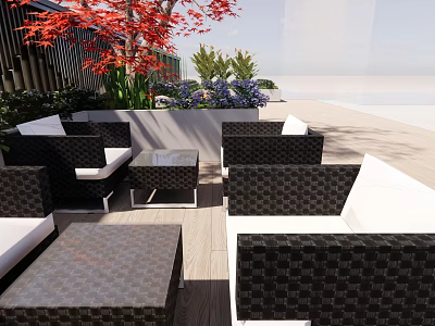 Black And White Wicker Outdoor Sofa Set With Patio Plants And Wooden Floor 3d model