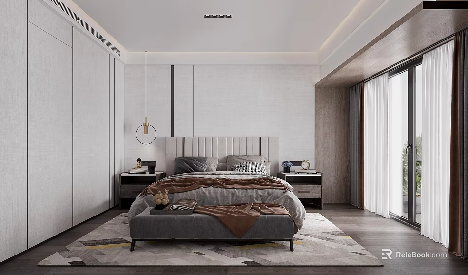 Modern Bedroom Interior With Comfortable Bed Nightstands Pendant Light And Floor to Ceiling Windows 3d model 