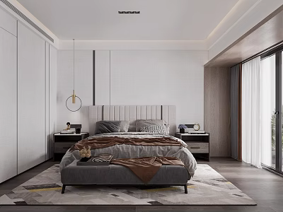 Modern Bedroom Interior With Comfortable Bed Nightstands Pendant Light And Floor to Ceiling Windows 3d model