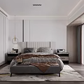 Modern Bedroom Interior With Comfortable Bed Nightstands Pendant Light And Floor to Ceiling Windows