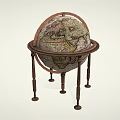 Vintage Terrestrial Globe On Wooden Stand With Classic Meridian Ring