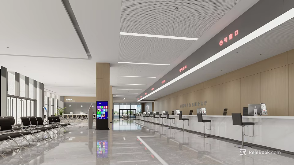 Modern Service Hall With Service Windows And Self Service Terminal 3d model 