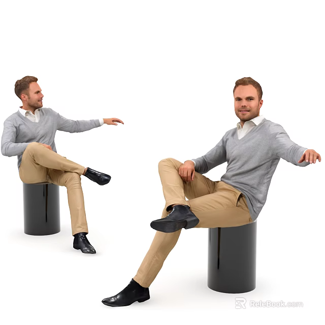 Men In Gray Sweaters Beige Pants And Black Shoes Sitting On Black Cylinders White Background 3d model 