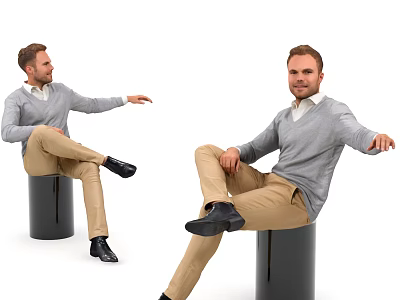 Men In Gray Sweaters Beige Pants And Black Shoes Sitting On Black Cylinders White Background 3d model