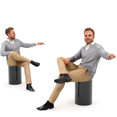 Men In Gray Sweaters Beige Pants And Black Shoes Sitting On Black Cylinders White Background 3d model