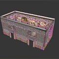 Two Story Stone Brick Building Model With Arched Windows Doors And Murals
