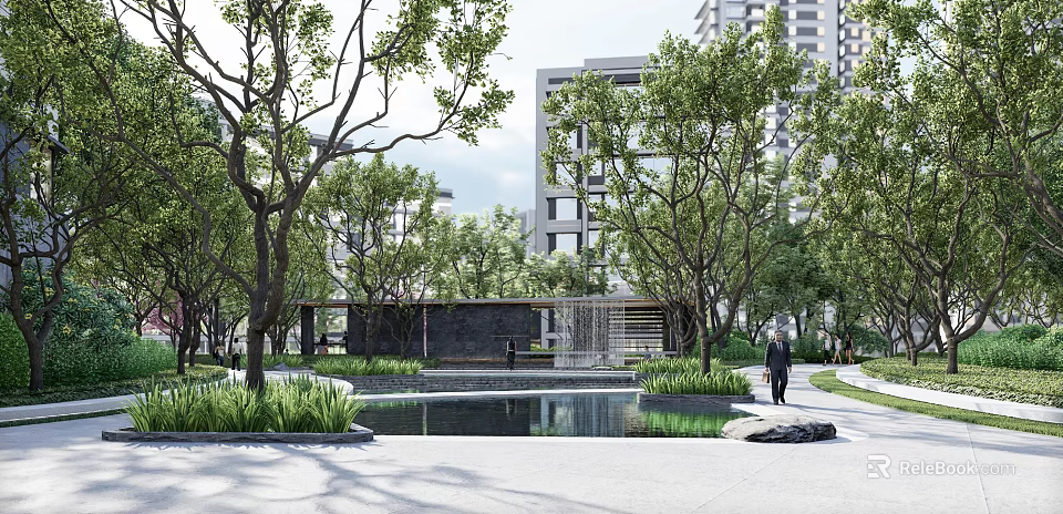 Water Fountain in Serene Urban Park with Tall Trees Modern Buildings and Lush Greenery 3d model 
