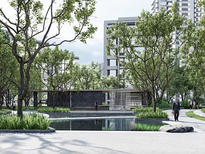 Water Fountain in Serene Urban Park with Tall Trees Modern Buildings and Lush Greenery 3d model