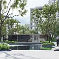 Water Fountain in Serene Urban Park with Tall Trees Modern Buildings and Lush Greenery