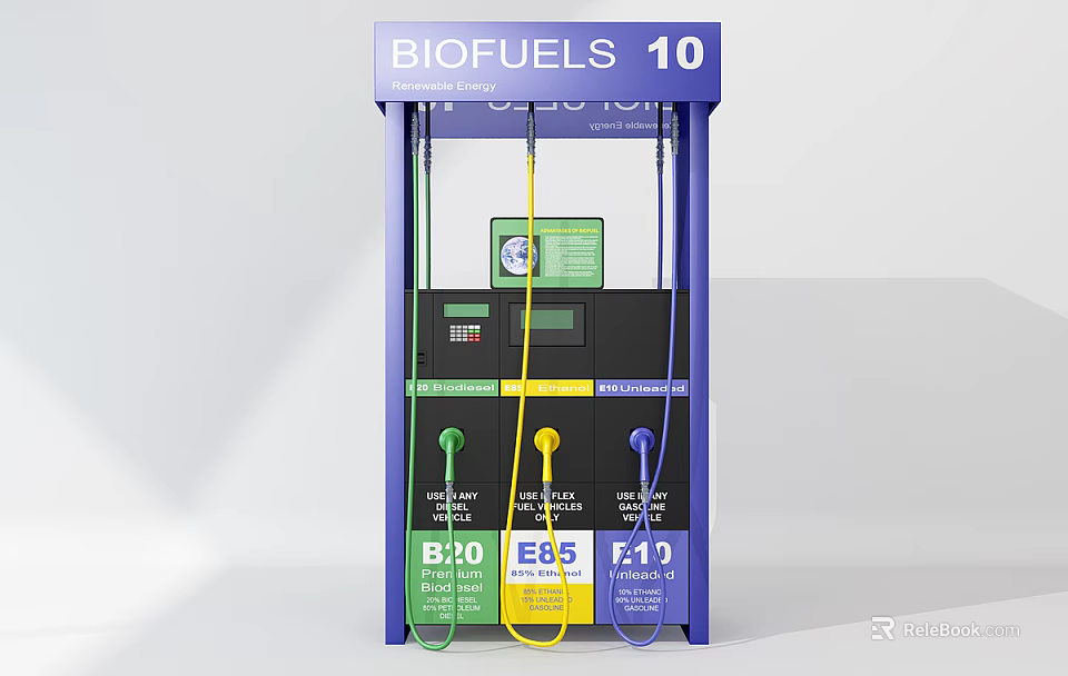 Biofuels Public Fuel Station With B20 E85 E10 Dispensers And Colored Fuel Nozzles 3d model 