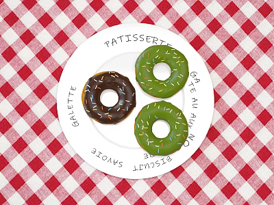 Green And Brown Frosted Donuts On Patisserie Plate With Red And White Checkered Tablecloth 3d model