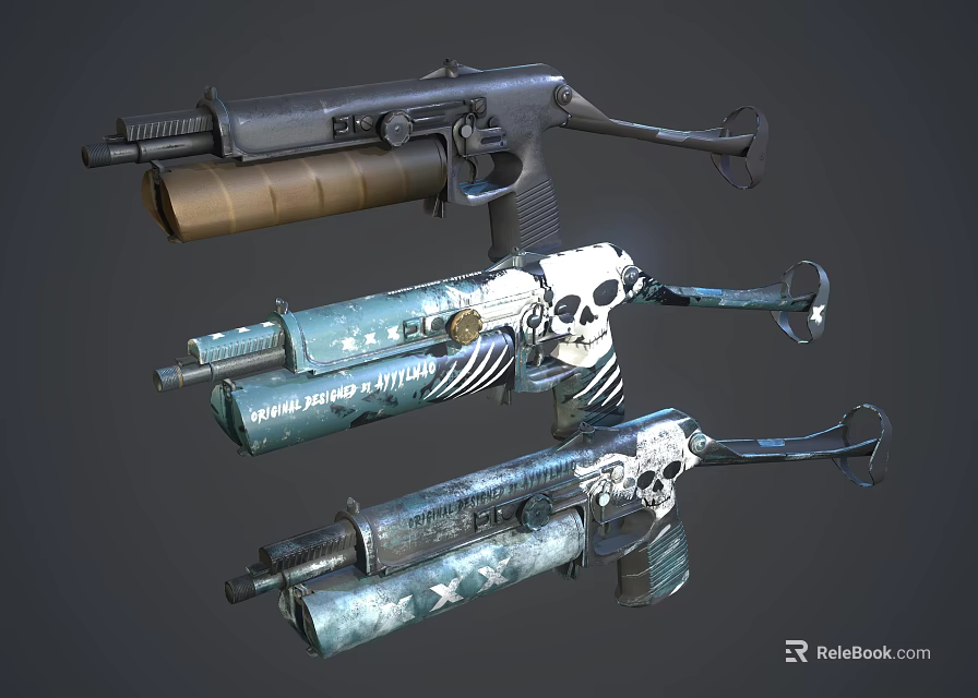 Three Submachine Guns With Various Skull Patterns And Star Decorative Designs 3d model