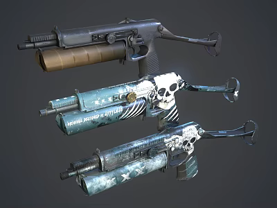 Three Submachine Guns With Various Skull Patterns And Star Decorative Designs 3d model