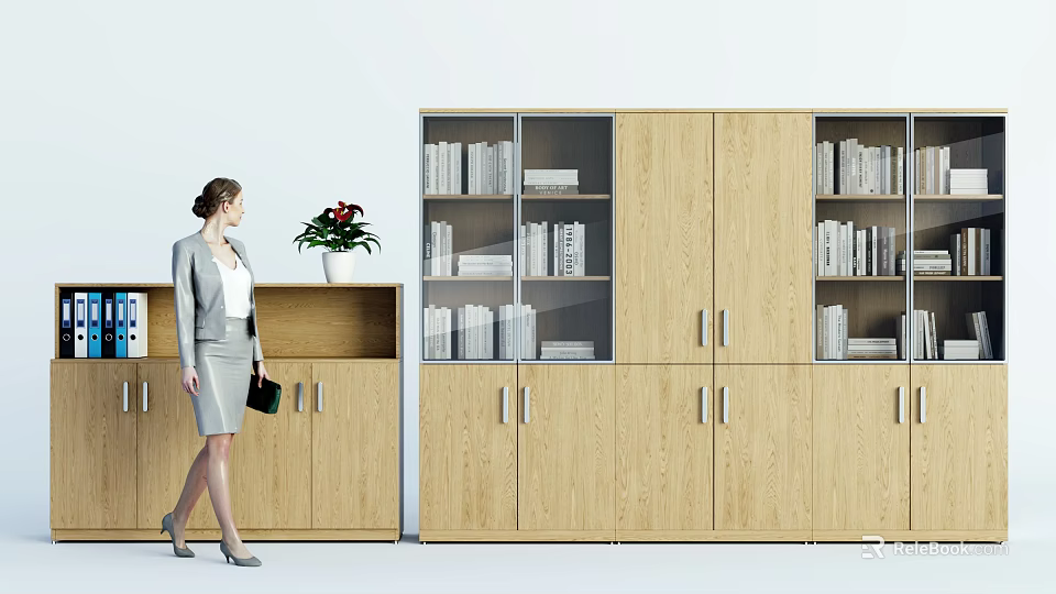 Modern Wooden Bookcase Design With Glass Door Compartments And Closed Storage Cabinets 3d model 