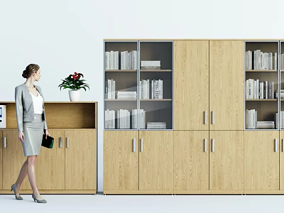 Modern Wooden Bookcase Design With Glass Door Compartments And Closed Storage Cabinets 3d model