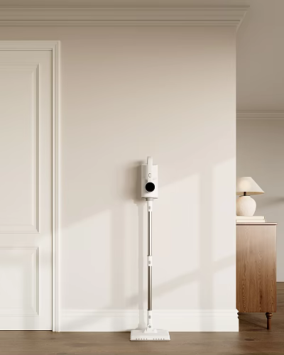 White Wall Mounted Household Appliance In Modern Minimalist Interior With Wooden Cabinet And Table Lamp 3d model