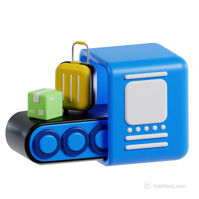 Blue Industrial Equipment with Conveyor Belt and Green Yellow Packages 3d model 
