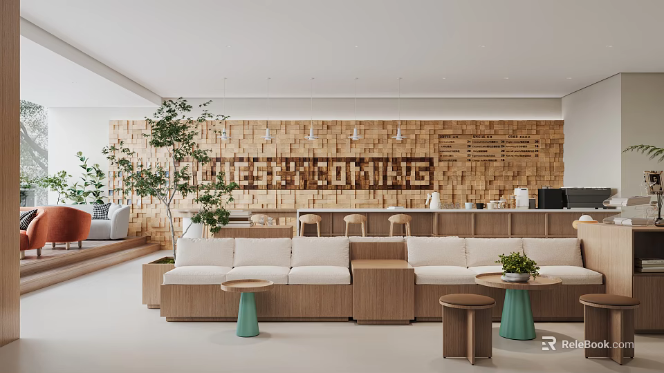 Coffee Shop Interior Design With Wooden Wall Coffee Rooms Sign Sofas Small Tables Green Plants 3d model 