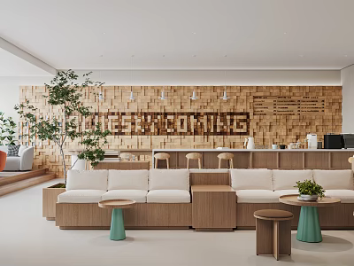 Coffee Shop Interior Design With Wooden Wall Coffee Rooms Sign Sofas Small Tables Green Plants 3d model