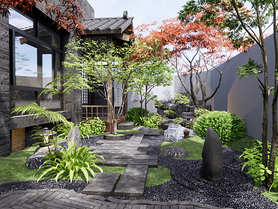 Japanese style courtyard home courtyard landscape model