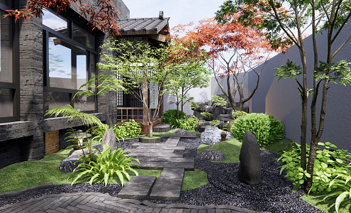 Japanese style courtyard home courtyard landscape 3d model