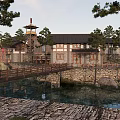 Scenic Ancient Traditional Buildings With Wooden Waterwheel By Riverside And Trees