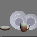 Dinnerware Set with White Plates and Wavy Patterns Small Bowl and Brown White Gradient Mug 3d model