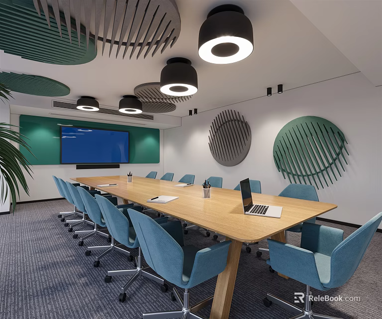 Modern Conference Room With Long Wooden Table Blue Chairs Green Accent Wall And Pendant Lights 3d model 