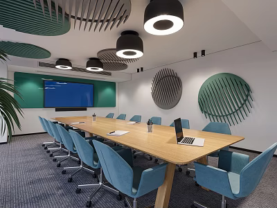 Modern Conference Room With Long Wooden Table Blue Chairs Green Accent Wall And Pendant Lights 3d model