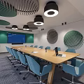 Modern Conference Room With Long Wooden Table Blue Chairs Green Accent Wall And Pendant Lights