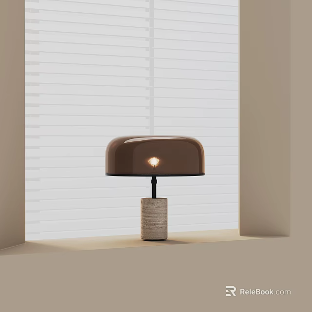 Modern Table Lamp With Brown Shade And Woven Base Against White Blinds 3d model 