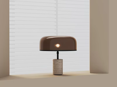 Modern Table Lamp With Brown Shade And Woven Base Against White Blinds 3d model