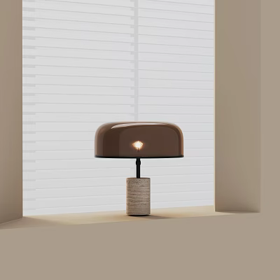 Modern Table Lamp With Brown Shade And Woven Base Against White Blinds 3d model