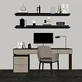 Modern Home Office Desk With Computer Monitor Desk Lamp And Books On Shelves