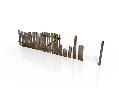 Old Damaged Wooden Fence Structure With Tilted Posts And Collapsed Sections 3d model