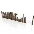 Old Damaged Wooden Fence Structure With Tilted Posts And Collapsed Sections 3d model