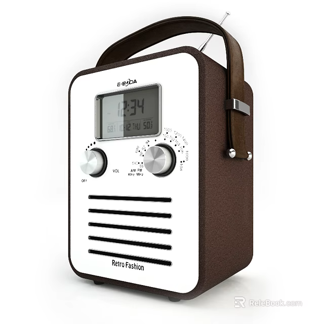 Retro Radio With Brown And White Design Leather Strap Digital Display And Time Function 3d model 