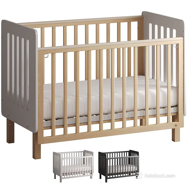 Wooden Baby Crib With Light Wood Finish White Mattress Railing And Different Color Options 3d model 