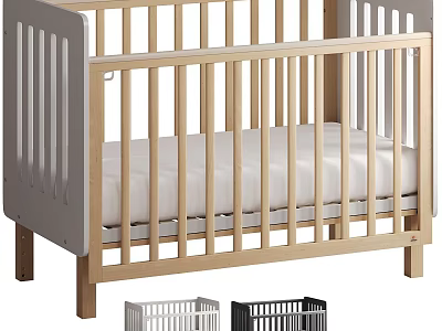Wooden Baby Crib With Light Wood Finish White Mattress Railing And Different Color Options 3d model