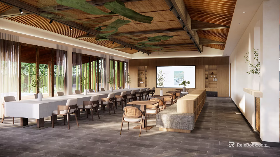 Modern Hotel Lobby With Wooden Ceiling Green Decor Large Windows Long Tables And Central Counter 3d model 