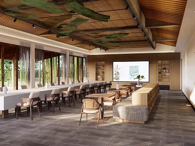 Modern Hotel Lobby With Wooden Ceiling Green Decor Large Windows Long Tables And Central Counter 3d model