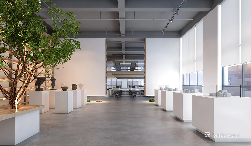 Modern Public Office Space With Open Layout Indoor Greenery And Display Pedestals 3d model 