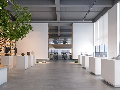 Modern Public Office Space With Open Layout Indoor Greenery And Display Pedestals 3d model