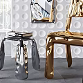 Modern Interior Design With Silver Gold Chairs Stool Potted Plants Decorative Wall Mirror