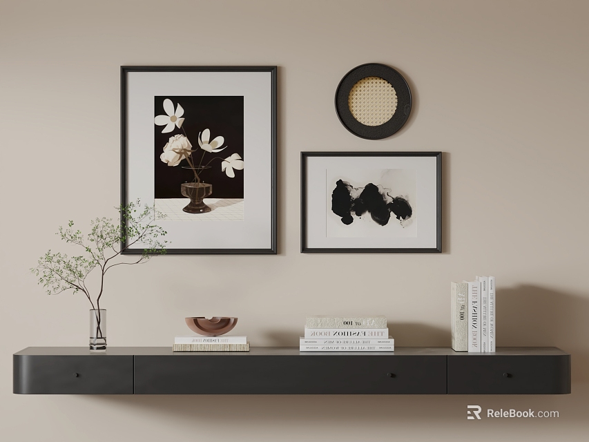 Minimalist Botanical Art Paintings Hanging On Wall With Shelf Books Vase And Bowl 3d model 