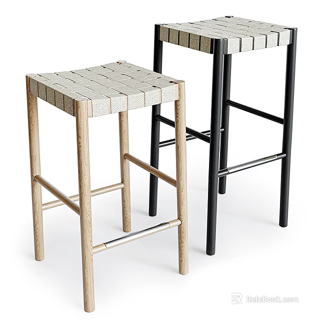 Modern Style Stools With Light Wood And Black Metal Legs Woven Seat Design 3d model 