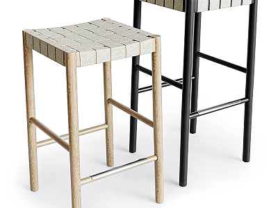 Modern Style Stools With Light Wood And Black Metal Legs Woven Seat Design 3d model