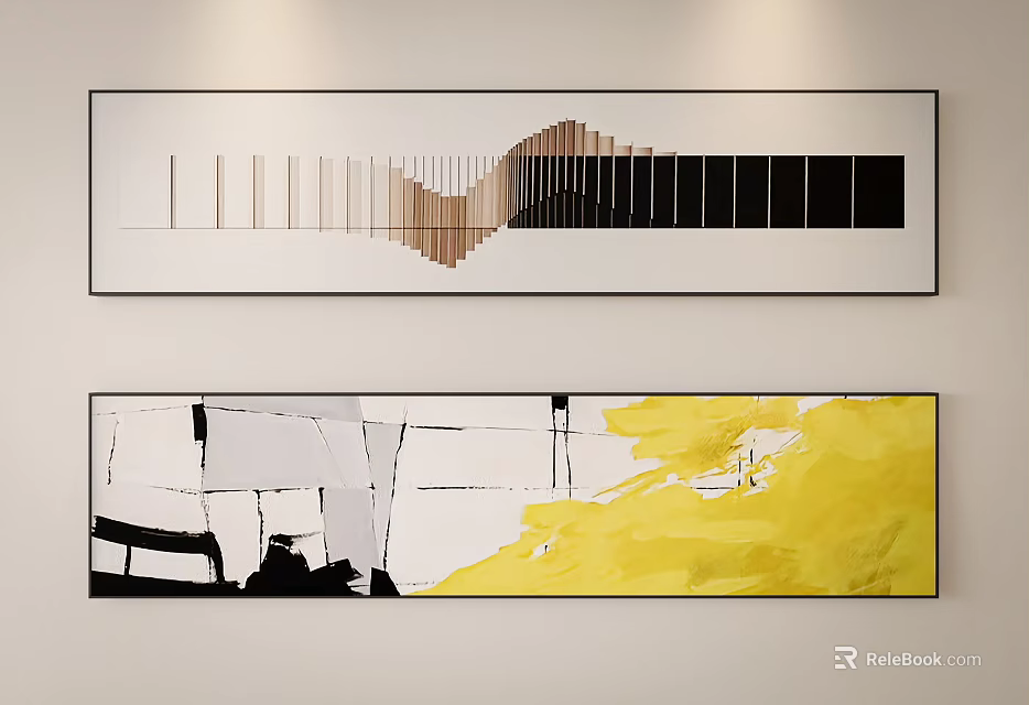 Abstract Wall Art Paintings Featuring Geometric Lines And Color Blocks In Brown Black Yellow White 3d model 
